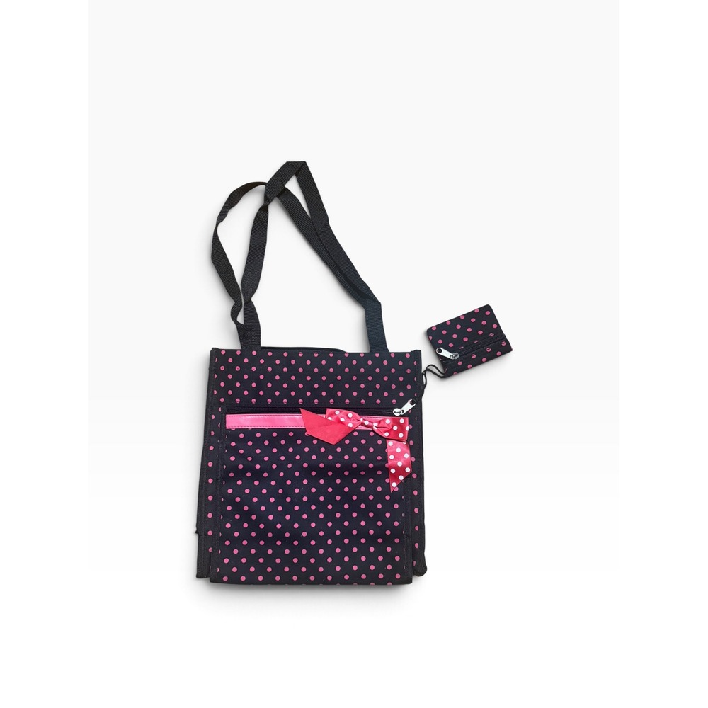 Black Pink Polka Dot Tote Bag with Bow and Matching Coin Purse Small Handbag